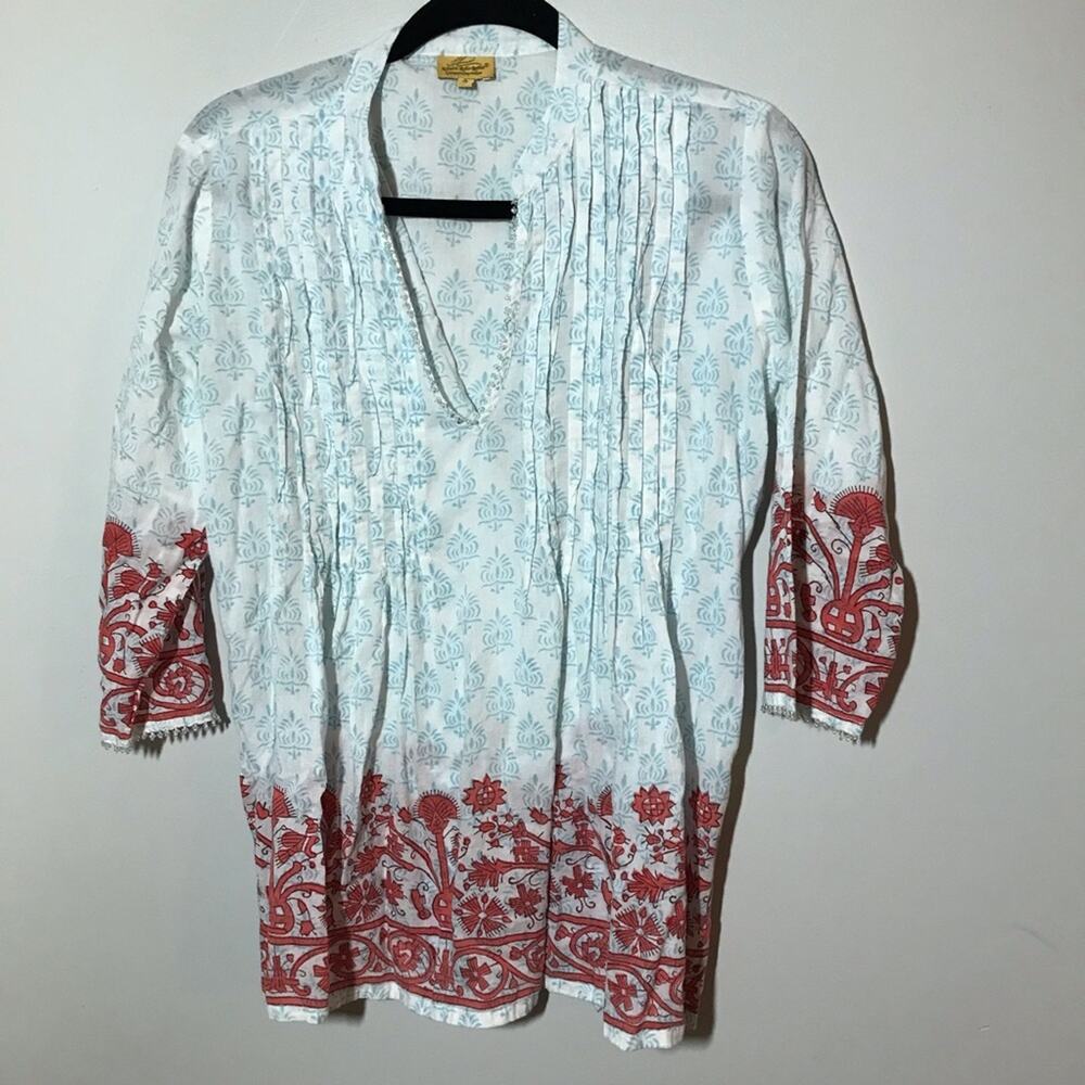 Roberta roller rabbit v neck pullover cotton tunic beaded size s 3/4 sleeve